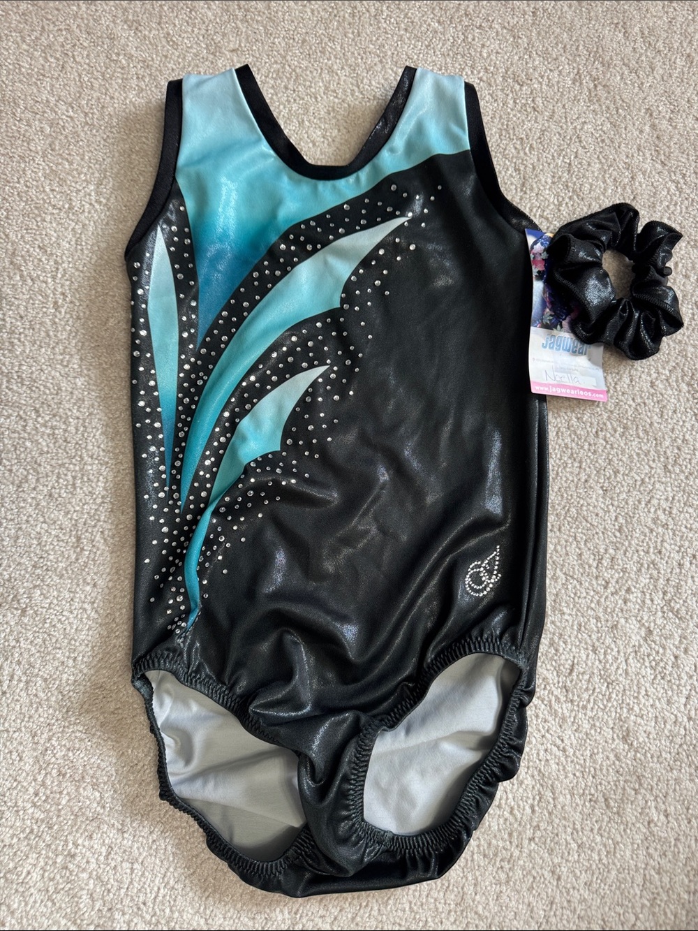 Black and Teal Jagwear Gymnastics Leotard with Rhinestones